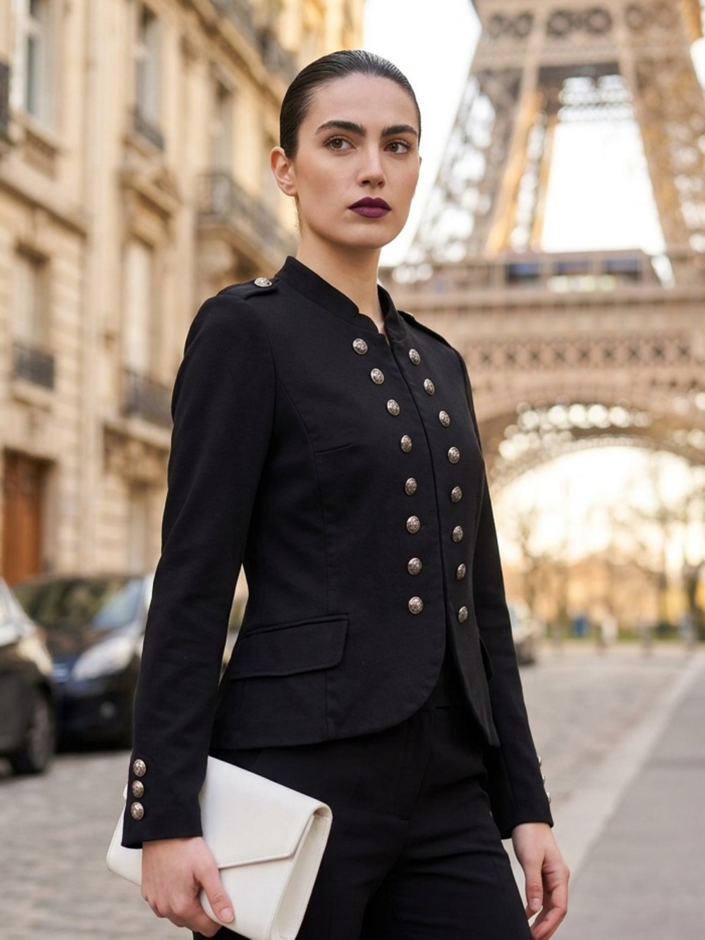 Tricotto Women's Black ornate gothic Military tailored Fit Button Jacket
